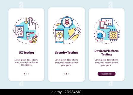 App testing components onboarding mobile app page screen with concepts Stock Vector