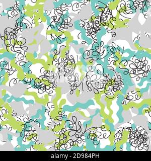 Vector abstract hand drawn seamless pattern. Texture background, green, grey and black colored shapes and lines. Stock Vector