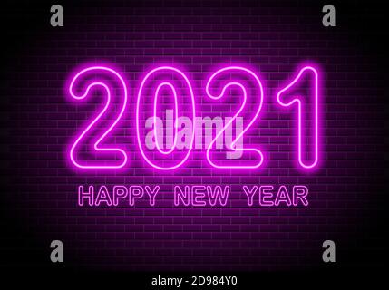 2021 neon text. Bright Happy New Year sign on brick wall background. Vector illustration. Stock Vector