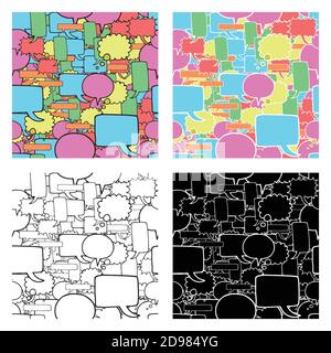 Vector hand drawn seamless pattern set. Texture background, speech, thought and exclamation bubbles, colored, black and white. Stock Vector