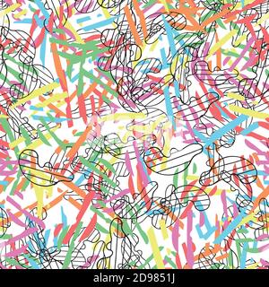 Vector abstract seamless pattern. Texture background, colored and black shapes, lines. Stock Vector