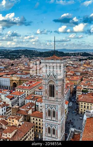 Giotto's Bell Tower (Campanile) and Florence rooftops townscape panorama. Bird's eye view. Stock Photo