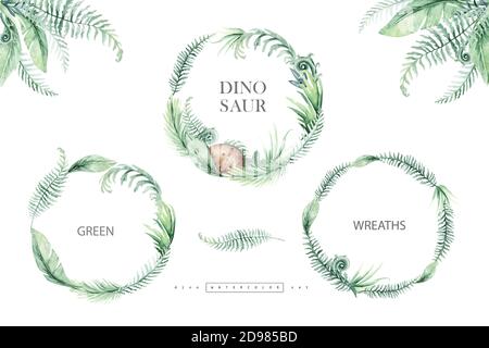 Cute cartoon baby dinosaurs tropical collection watercolor wreath illustration, hand painted dino isolated on a white background for wreaths Stock Photo