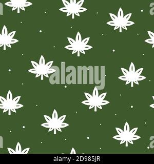 Seamless pattern of cannabis in flat style on a green background. Stock Vector