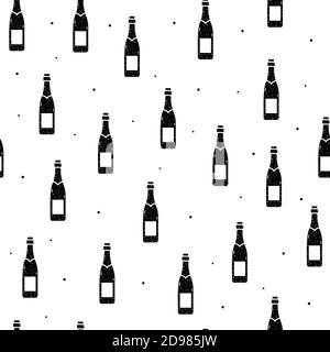 Seamless pattern of champagne or wine bottles in flat style on a white background. Stock Vector