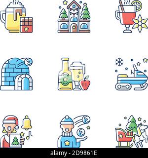 Winter season vacation RGB color icons set Stock Vector