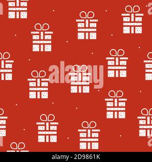 Seamless pattern of gift boxes in flat style on a red background. Stock Vector