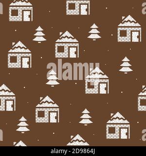 Seamless pattern of houses and fir trees in flat style on a brown background Stock Vector