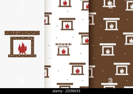 Set of seamless patterns of fireplace with fire in flat style. Stock Vector