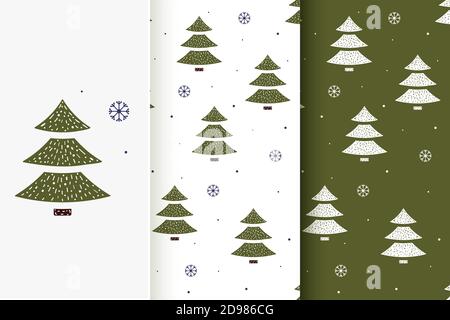 Set of seamless patterns of Christmas trees and snowflakes in flat style. Collection of cards with traditional Christmas elements. Stock Vector