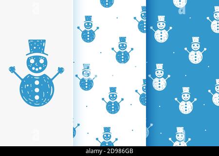 Set of seamless patterns of snowmen in flat style. Collection of cards with traditional Christmas elements. Stock Vector