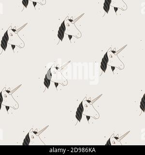 Seamless pattern of unicorns in Victorian or vintage style on a tan background. Stock Vector