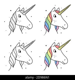 Set of rainbow unicorns in cartoon style isolated on white background. Stock Vector