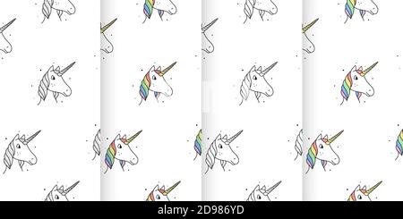 Set of seamless patterns of unicorns in cartoon style on a white background. Stock Vector