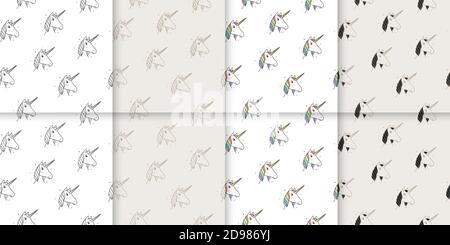 Large set of seamless patterns of unicorns in Victorian and modern style. Stock Vector