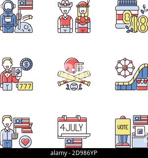 What makes America famous RGB color icons set Stock Vector