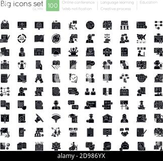 Online education black glyph icons set on white space Stock Vector