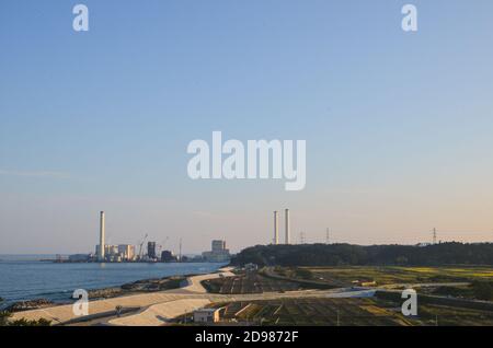 Fukushima Nuclear Plant chimneys in Japan Stock Photo
