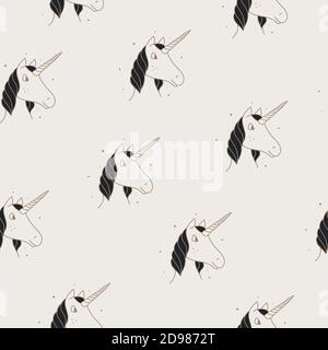 Seamless pattern of unicorns in Victorian or vintage style on a tan background. Stock Vector