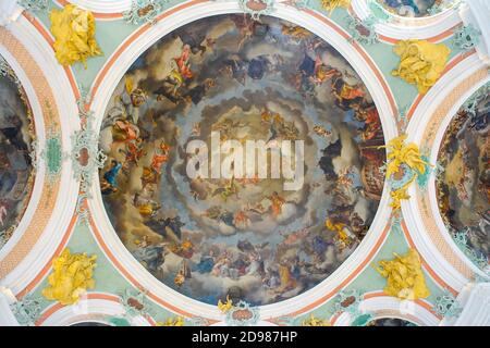 Painting depicting paradise with Holy Trinity in the centre surrounded by a host of saints. Cathedral of St.Gallen (former Benedictine Abbey of Stock Photo