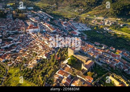 Castelo de Vide drone aerial view in Alentejo, Portugal from Serra de Sao Mamede mountains Stock Photo