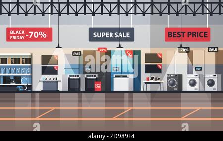 empty no people electronics market black friday big sale promotion discount shopping concept household appliances store interior horizontal vector illustration Stock Vector