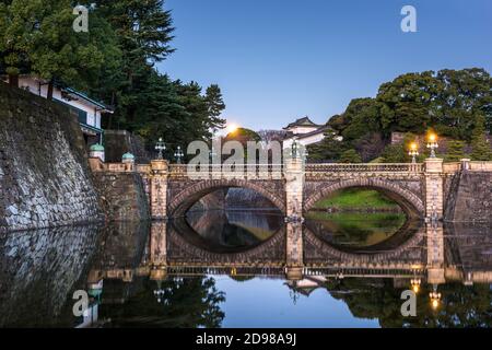 Tokyo, Japan at the Imperial Palace moat and bridge at night. Stock Photo