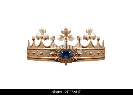 Crown with blue gemstone isolated on white. Stock Photo