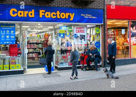 Dorchester, Dorset, UK.  3rd November 2020.  Shoppers queuing to enter the Card Factory in South Street at Dorchester in Dorset before it has to close on Thursday as a non-essential retailer during the new Covid-19 lockdown.  Picture Credit: Graham Hunt/Alamy Live News Stock Photo