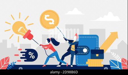 Business people pull money vector illustration. Cartoon businessman and businesswoman team of characters pulling lightbulb idea and money gold coin together to increase financial profit background Stock Vector