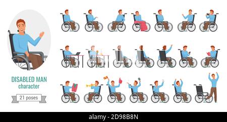 Disabled man poses vector illustration set. Cartoon disable boy character with disability health problem sitting in wheelchair in various poses and gestures, front, side or back view isolated on white Stock Vector