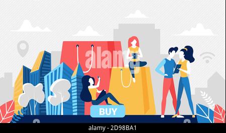 People shopping online concept vector illustration. Cartoon buyer characters buying in online store, using mobile shop app in phone, digital internet commerce technology to buy goods background Stock Vector