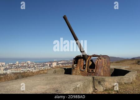 Abandoned fortifications of the Muravyov-Amursky fort on the Kholodilnik hill. It is part of the Vladivostok fortress, built at the end of the 19th - Stock Photo