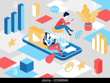 Isometric social network communication concept vector illustration. 3d cartoon tiny people sitting on smart phone, networking, blogger posting video blog content for internet community background Stock Vector