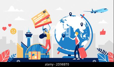 People travel by plane concept vector illustration. Cartoon happy traveller characters holding airplane tickets for global traveling around world, standing next to big world globe, tourism background
