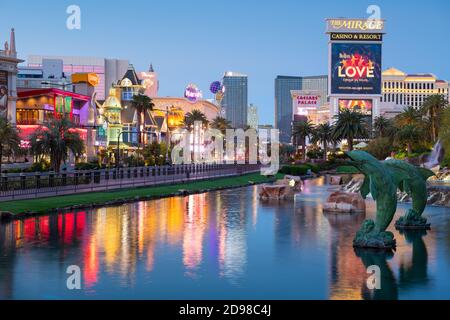 LAS VEGAS, NEVADA - MAY 14, 2019: Casinos along the strip at twilight in Las Vegas. Stock Photo