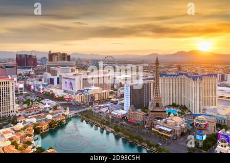 LAS VEGAS, NEVADA - APRIL 19, 2018: Hotels and Casinos along the strip at dusk. Stock Photo