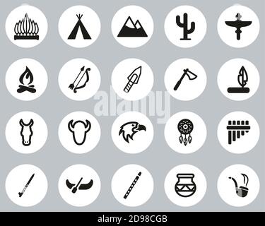 Native American Culture Icons Black & White Flat Design Circle Set Big Stock Vector