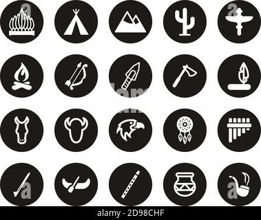 Native American Culture Icons White On Black Flat Design Circle Set Big Stock Vector