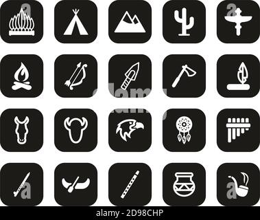 Native American Culture Icons White On Black Flat Design Set Big Stock Vector