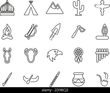 Native American Culture Icons Black & White Thin Line Set Big Stock Vector