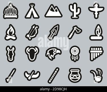 Native American Culture Icons White On Black Sticker Set Big Stock Vector