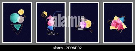 Image of ice cream cone, cocktail, dessert and bread with jam. Abstract art background with watercolor stain elements vector. Stock Vector