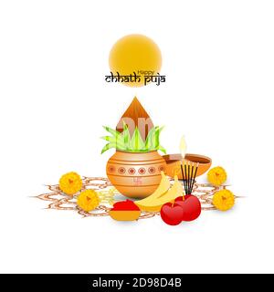 Vector Illustration of Sunrise and reflection on water. Chhath is an ancient Hindu Vedic festival. Chhath puja abstract. Stock Vector