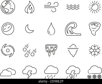 Nature Elements Icons Black & White Thin Line Set Big Stock Vector