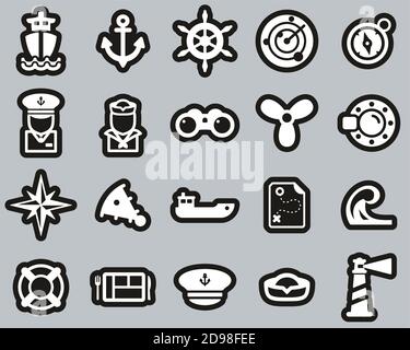 Nautical Vessel & Equipment Icons White On Black Sticker Set Big Stock Vector