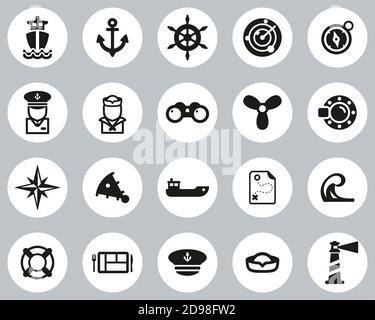 Nautical Vessel & Equipment Icons Black & White Flat Design Circle Set Big Stock Vector