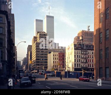 A perspective of the World Trade Center from Lispenard St. in 1999. This vantage point was made famous by Jules Naudet's filming of American Airlines Stock Photo