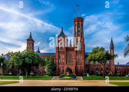 Washington DC--July 12, 2020; view of the front entrance of the red brick castle like headquarters of the Smithsonian institute museum system Stock Photo