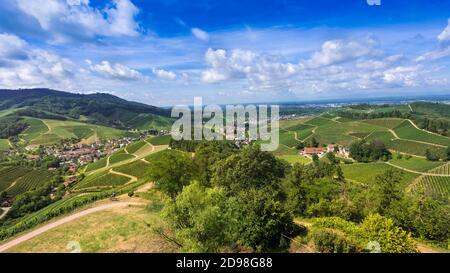View from Staufenberg Castle to the Rhine Valley with grapevines near the village of Durbach in the Ortenau region Baden, Baden Wuerttemberg, Germany Stock Photo